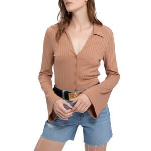 Sanctuary Ribbed Button-down Skimmer Top In Washed Lion - XS